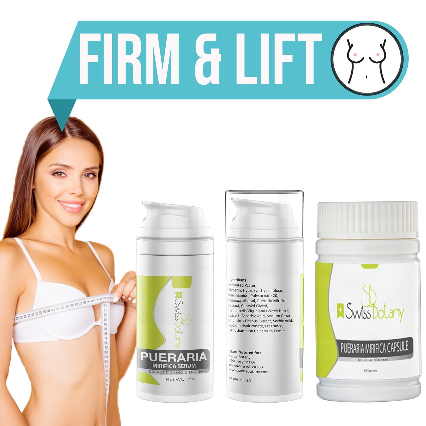 swissbotany Pueraria Mirifica Natural Breast Enhancement Serum + Capsules used for nature's breast lift & growth 1 month supply