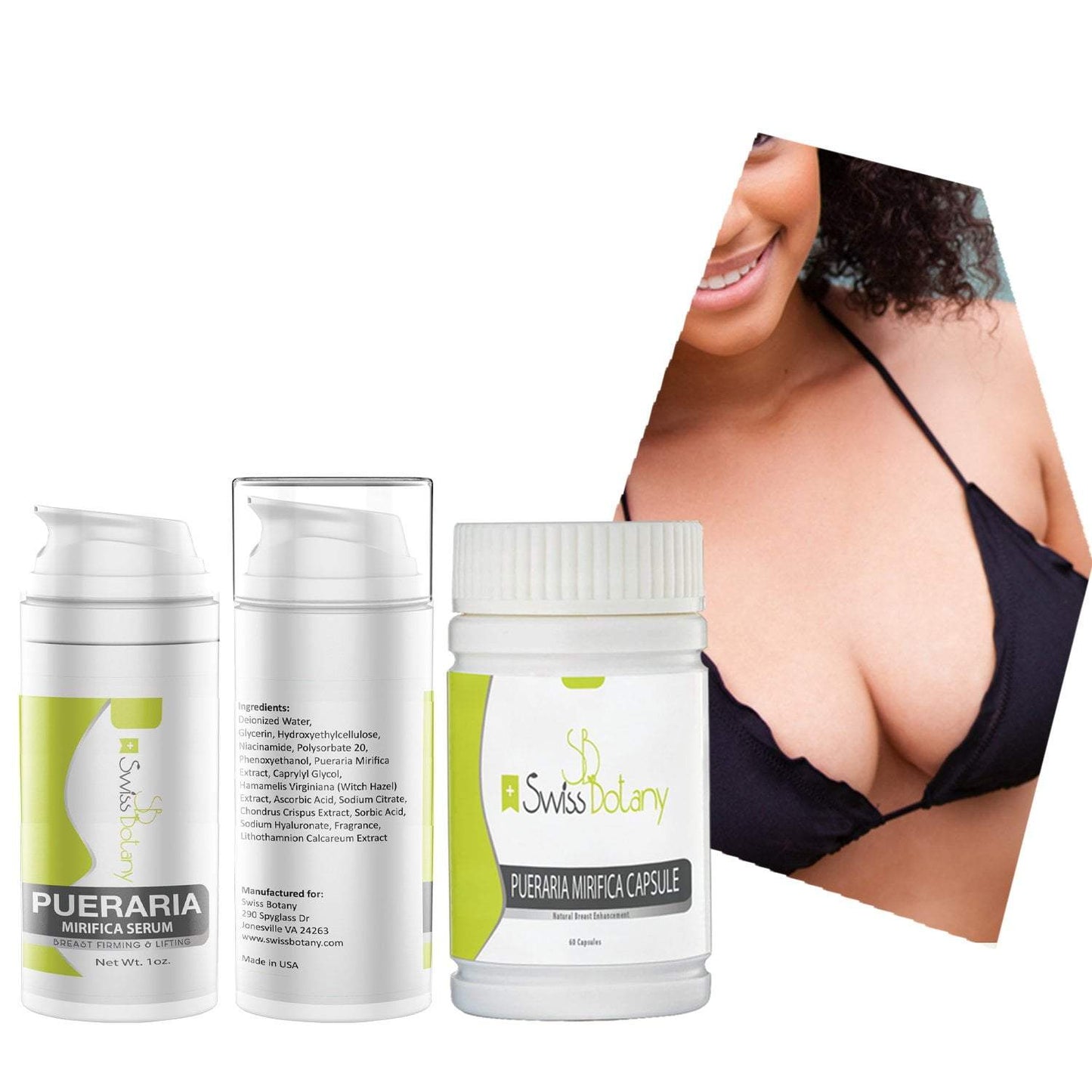 swissbotany Pueraria Mirifica Natural Breast Enhancement Serum + Capsules used for nature's breast lift & growth 1 month supply