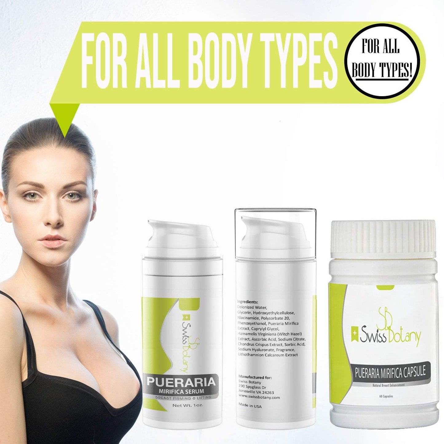 swissbotany Pueraria Mirifica Natural Breast Enhancement Serum + Capsules used for nature's breast lift & growth 1 month supply