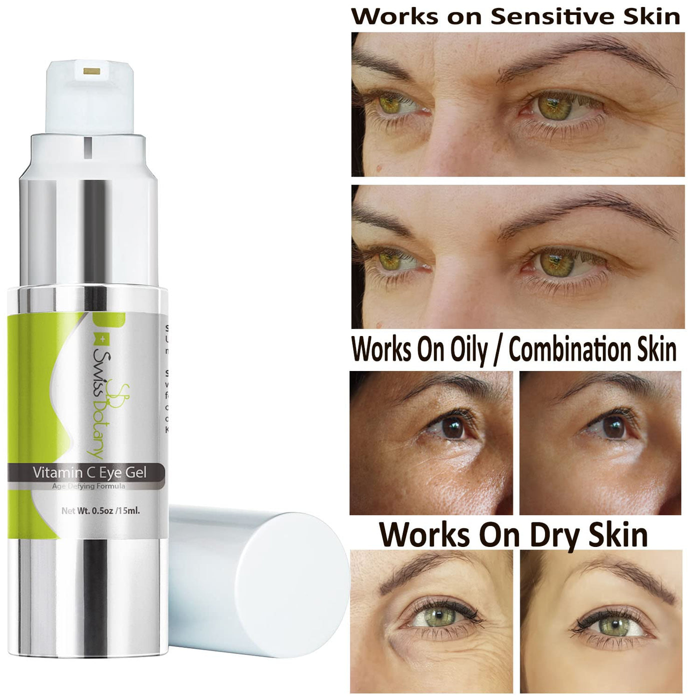 Swiss Botany Beauty 1 / 1 Eye Gel Serum Professional Restoration For EYE BAGS & WRINKLES, DARK CIRCLES, PUFFINESS for men and women with Pure Vitamin C Hyaluronic Acid | MADE IN USA