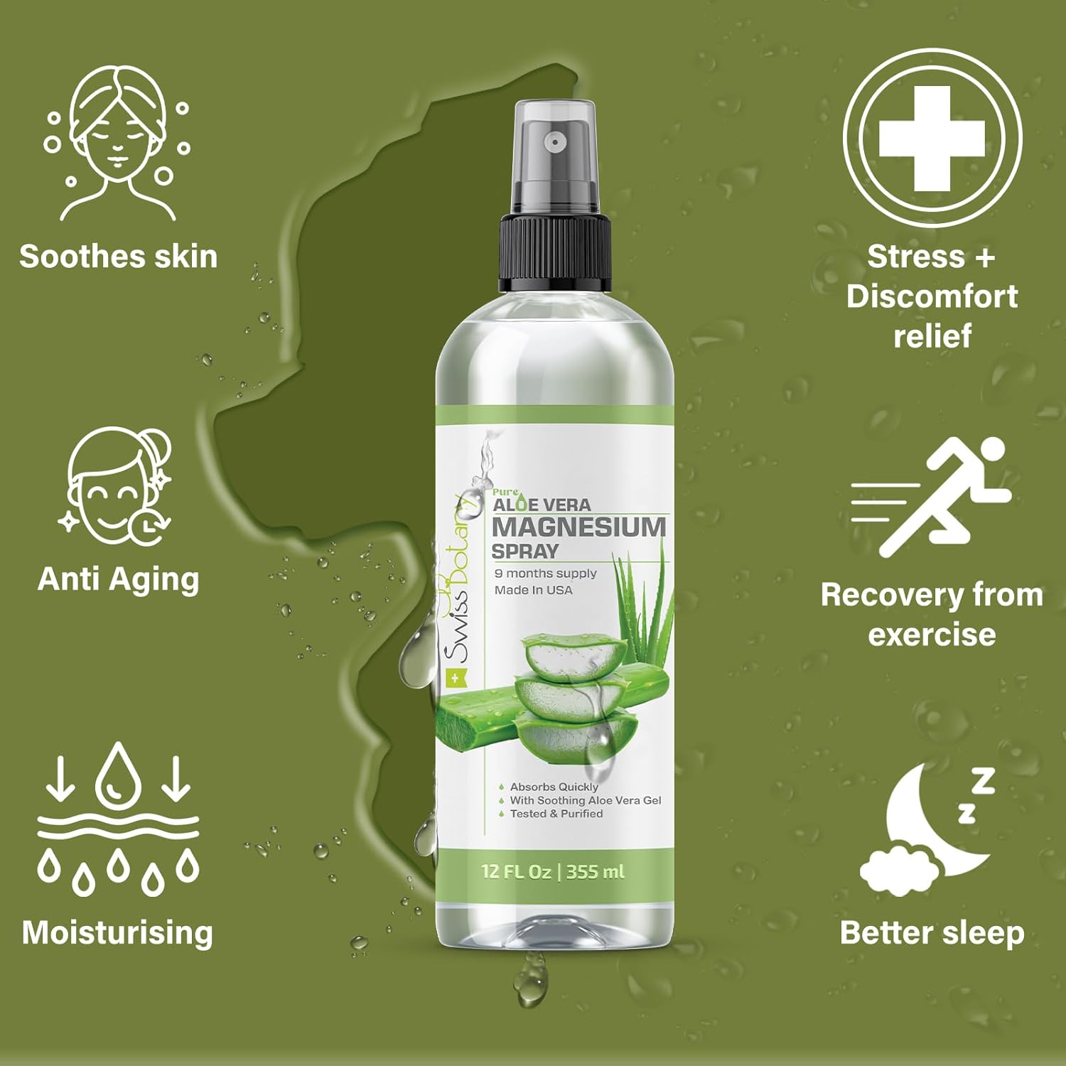 Swiss Botany Health & Personal Care Topical Magnesium Spray with Aloe Vera for Stress Relief & Anxiety - USP Grade Pure Magnesium Oil Spray - Aloe Vera Magnesium Spray for Sleep - 12 Fl Oz