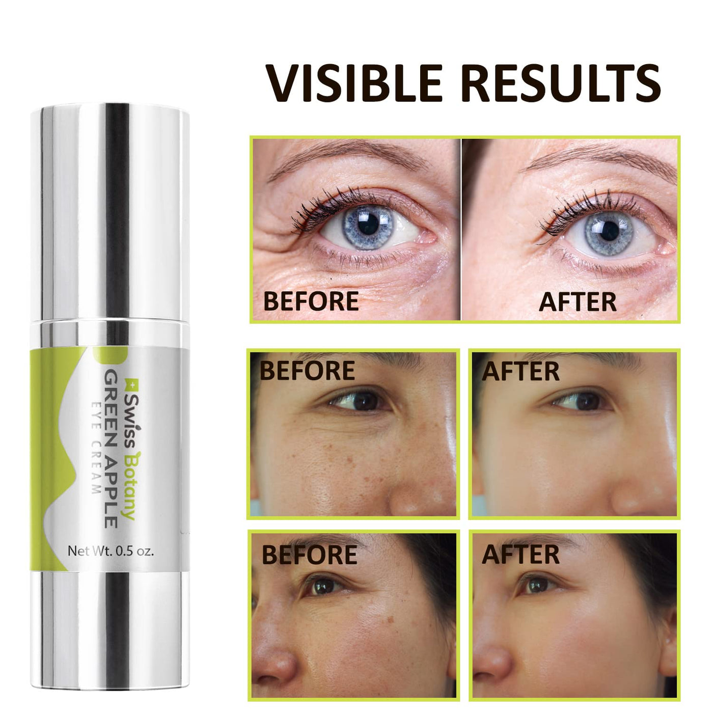 swissbotany Eye Cream For Dark Circles and Puffiness Deep Hydrating & Refreshing Green Apple Eye Cream Reduces the Appearance of Under Eye Wrinkles, Dark Circles & Fine Lines - Premium Made by Swiss Botany, 0.5 oz
