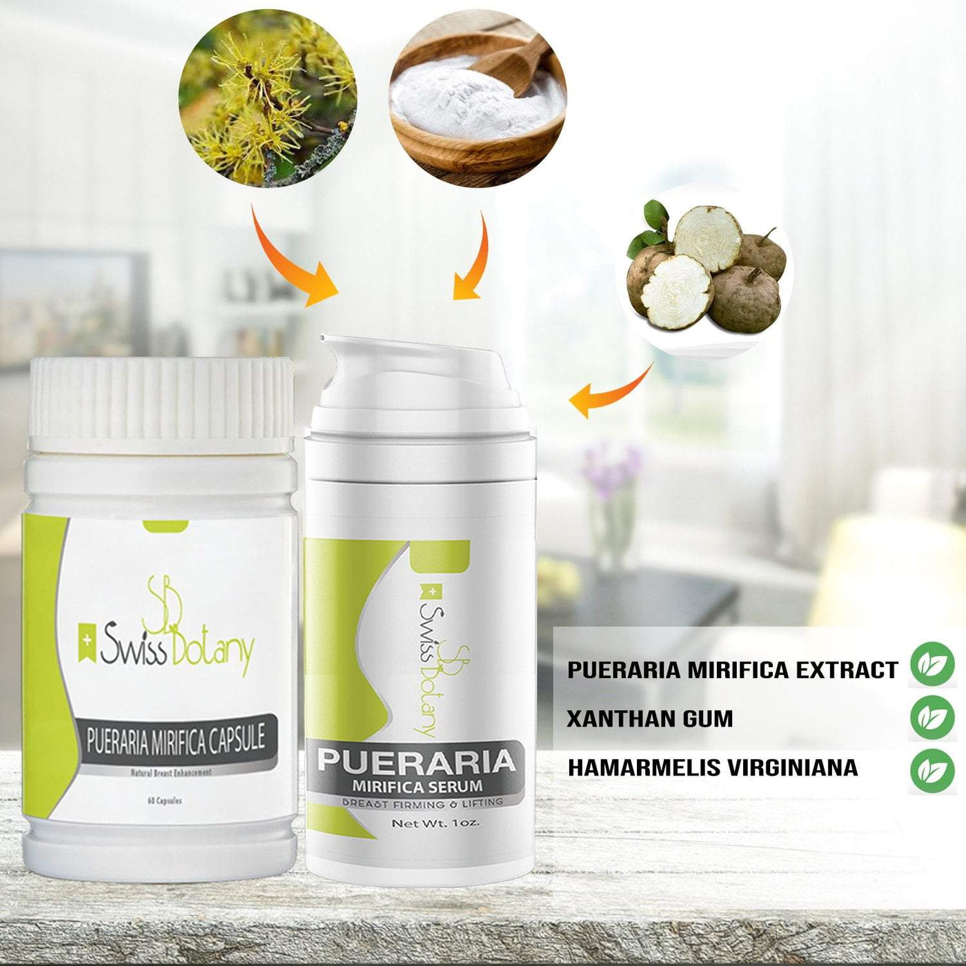 swissbotany Pueraria Mirifica Natural Breast Enhancement Serum + Capsules used for nature's breast lift & growth 1 month supply