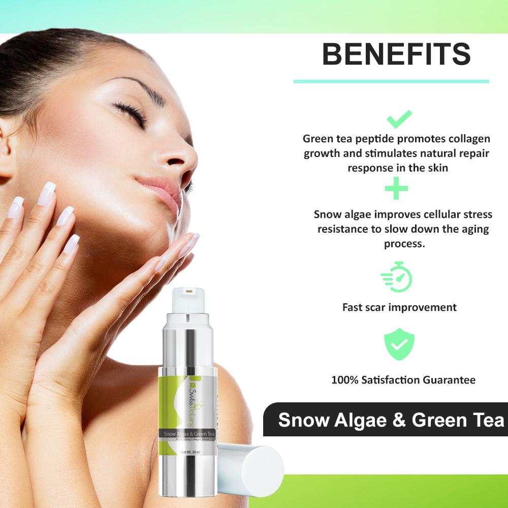 Snow Algae & Green Tea Moisturizing Collagen Serum, Improves Elasticity Evens Skin Tone, Anti-Aging Reduces Fine Lines Wrinkles Age Spots, All Skin Types | Premium Made by Swiss Botany, 30 mL