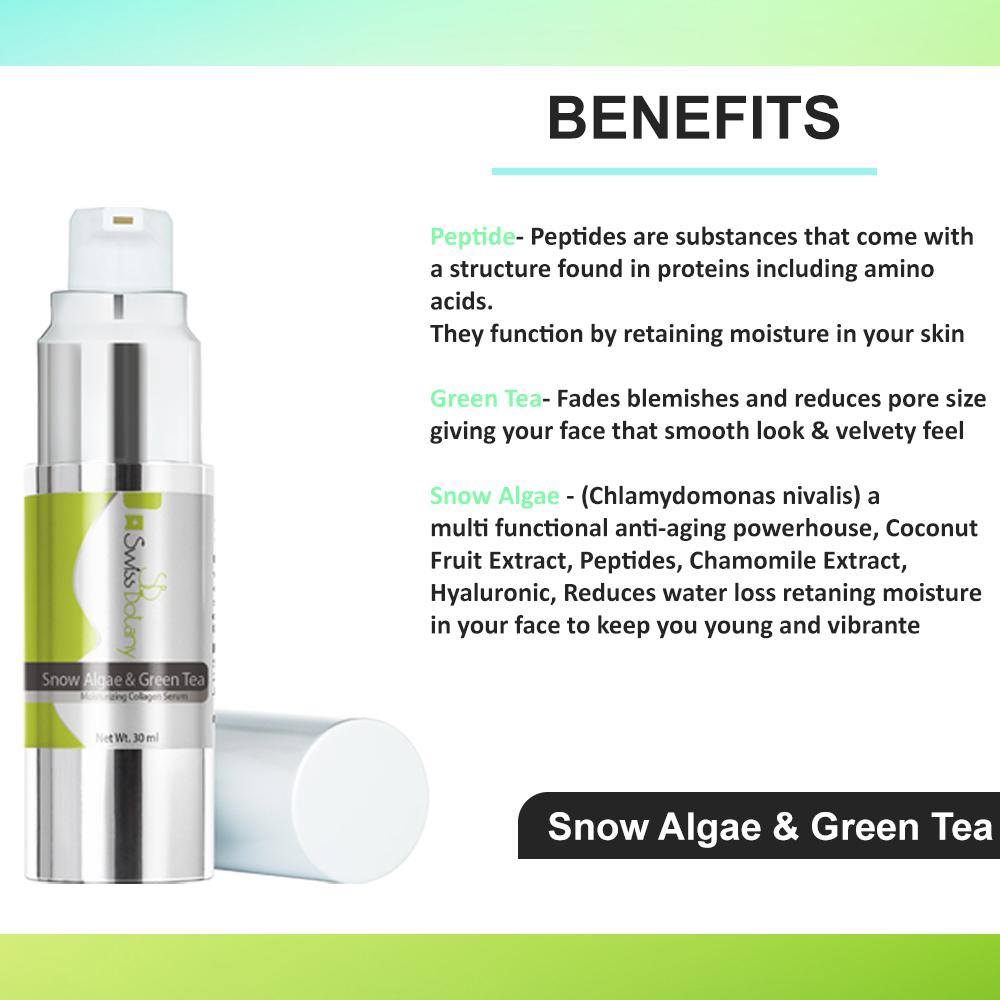 Snow Algae & Green Tea Moisturizing Collagen Serum, Improves Elasticity Evens Skin Tone, Anti-Aging Reduces Fine Lines Wrinkles Age Spots, All Skin Types | Premium Made by Swiss Botany, 30 mL